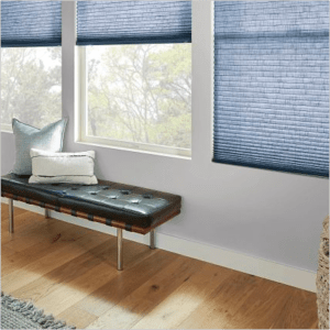 Blue window shades in bedroom