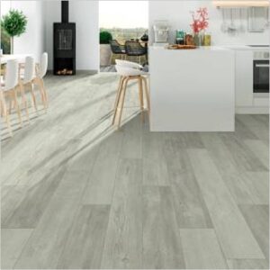 Kitchen with wide plank grey engineered flooring