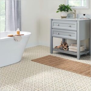 Bathroom with pretty grey and white patterned tile