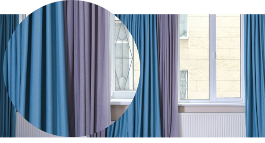 closeup of blue and purple window drapery